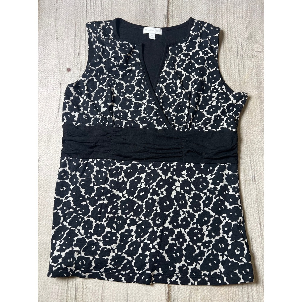 Charter Club Sleeveless Top Womens‎ Medium Black White Floral Minimalist Ruched